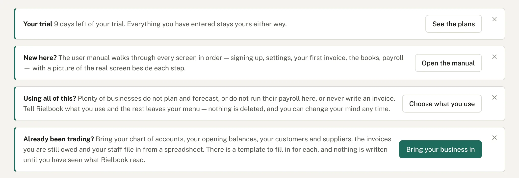 Four notice cards at the top of the dashboard
